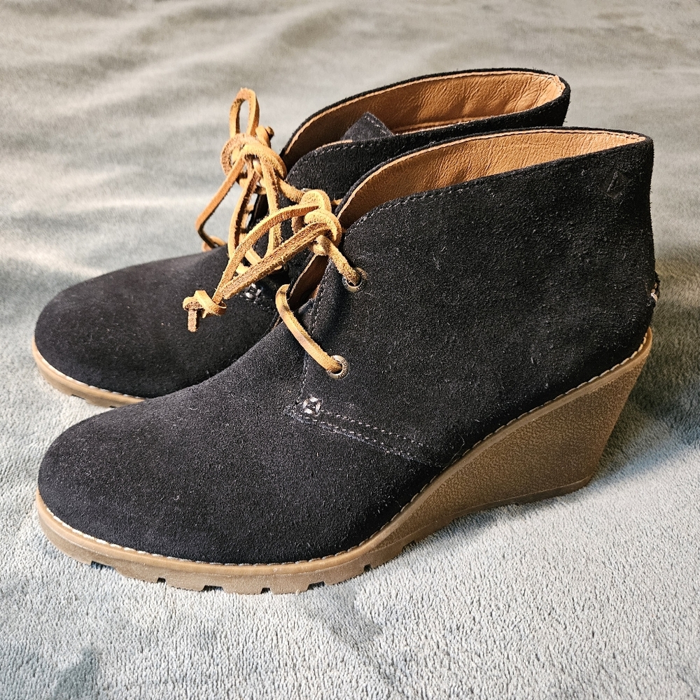 Sperry Black Suede Ankle Wedge Booties